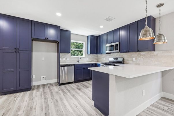 Interior, Kitchen, Pendant Lights, Recessed Lighting, Stainless Steel Appliances, Wood Texture Flooring