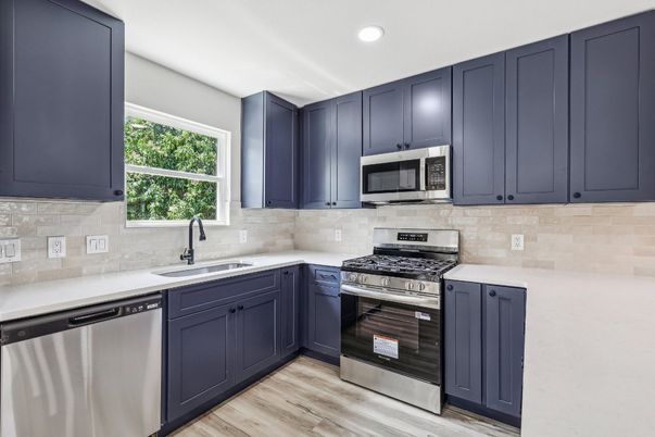 Interior, Kitchen, Recessed Lighting, Stainless Steel Appliances, Wood Texture Flooring