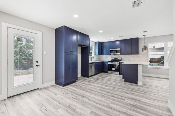 Interior, Kitchen, Pendant Lights, Recessed Lighting, Stainless Steel Appliances, Wood Texture Flooring