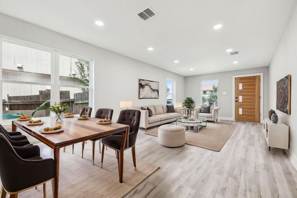 Dining room, Interior, Living room, Recessed Lighting, Wood Texture Flooring