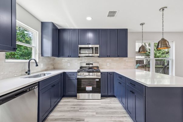 Interior, Kitchen, Pendant Lights, Recessed Lighting, Stainless Steel Appliances, Wood Texture Flooring