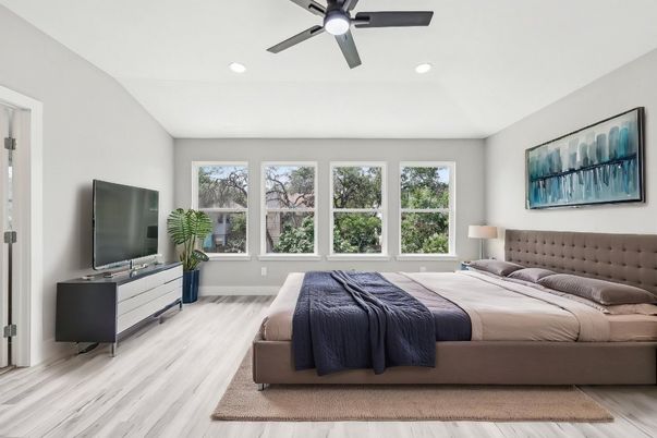 Bedroom, Interior, Recessed Lighting, Wood Texture Flooring