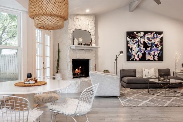 Fireplace, Interior, Living room, Recessed Lighting, Stone Walls, Wood Texture Flooring