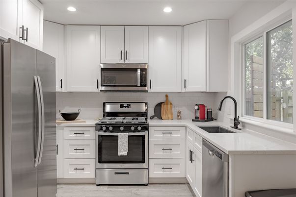 Interior, Kitchen, Recessed Lighting, Stainless Steel Appliances, Wood Texture Flooring