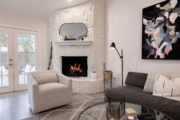 Fireplace, Interior, Living room, Stone Walls, Wood Texture Flooring