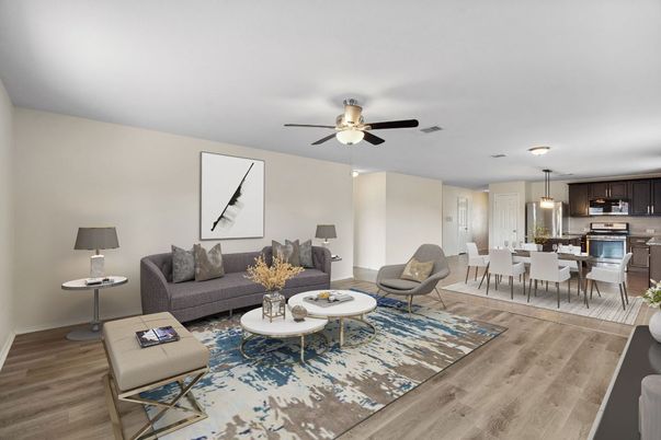Dining room, Interior, Kitchen, Living room, Pendant Lights, Stainless Steel Appliances, Wood Texture Flooring