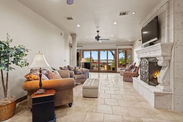 Fireplace, Interior, Living room, Recessed Lighting, Stone Walls
