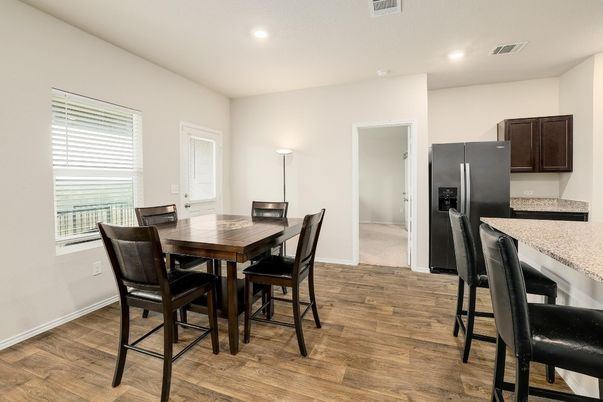 Dining room, Interior, Kitchen, Recessed Lighting, Wood Texture Flooring