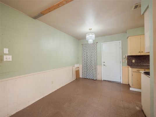 Chandelier, Empty room, Interior, Wooden Beams