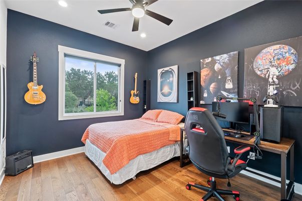 Bedroom, Home Office, Interior, Recessed Lighting, Wood Texture Flooring