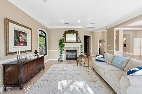 Fireplace, Interior, Living room, Recessed Lighting, Wood Texture Flooring