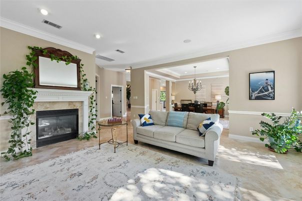 Chandelier, Dining room, Fireplace, Interior, Living room, Recessed Lighting