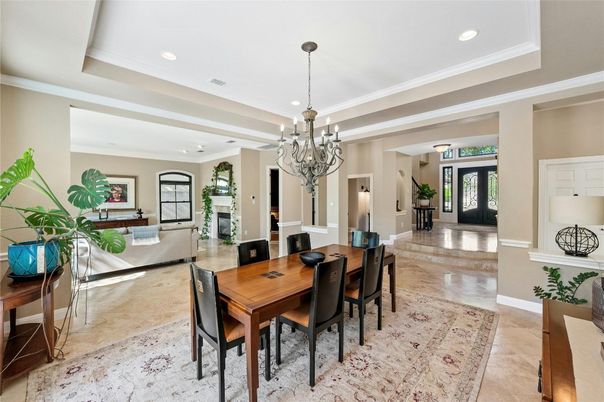Chandelier, Dining room, Fireplace, Interior, Living room, Recessed Lighting