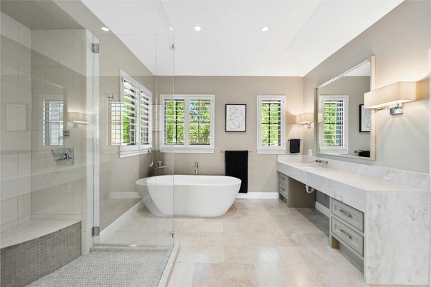 Bathroom, Free Standing Baths, Glass Shower, Interior, Recessed Lighting