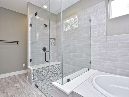 Bathroom, Glass Shower, Interior, Wood Texture Flooring