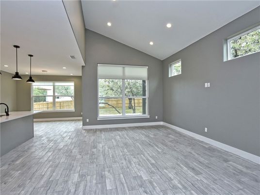 Empty room, Interior, Pendant Lights, Recessed Lighting, Wood Texture Flooring
