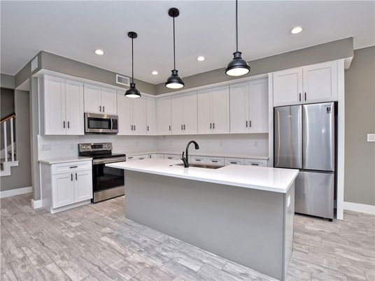 Interior, Kitchen, Pendant Lights, Recessed Lighting, Stainless Steel Appliances, Wood Texture Flooring