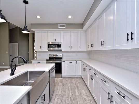 Interior, Kitchen, Pendant Lights, Recessed Lighting, Stainless Steel Appliances, Wood Texture Flooring