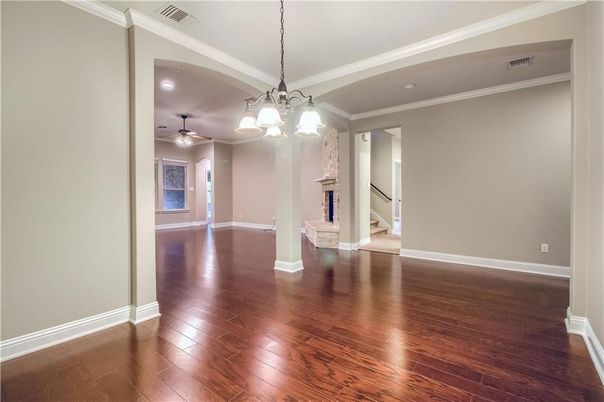 Empty room, Interior, Pendant Lights, Recessed Lighting, Wood Texture Flooring