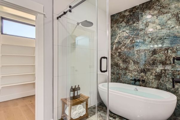 Bathroom, Free Standing Baths, Glass Shower, Interior, Wood Texture Flooring