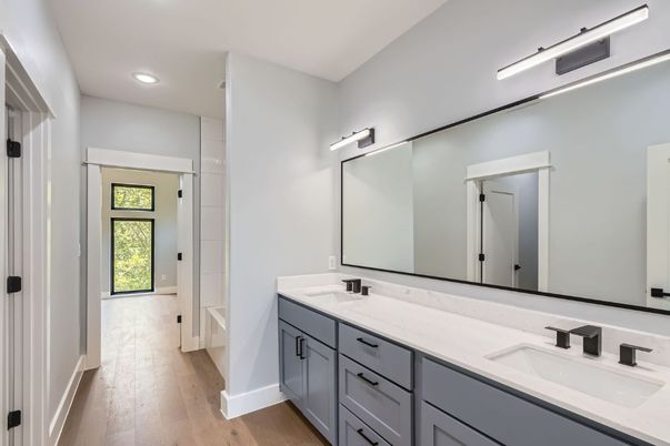 Bathroom, Dual Sink Vanities, Interior, Recessed Lighting, Wood Texture Flooring