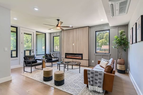 Fireplace, Interior, Living room, Recessed Lighting, Wood Texture Flooring