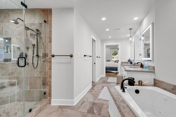 Bathroom, Dual Sink Vanities, Glass Shower, Interior, Pendant Lights, Recessed Lighting