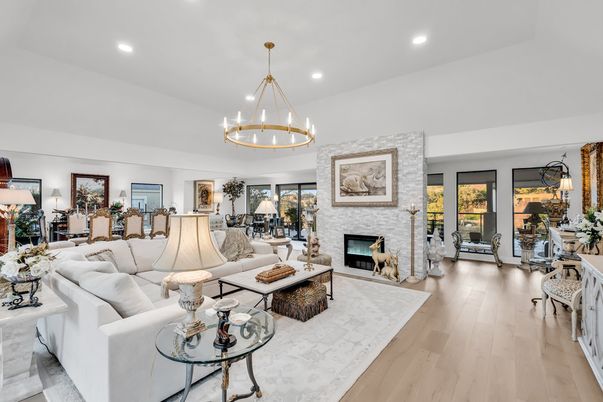 Chandelier, Fireplace, Interior, Living room, Recessed Lighting, Wood Texture Flooring