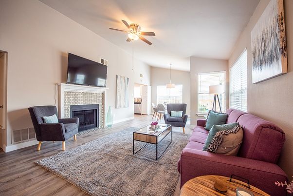 Fireplace, Interior, Living room, Pendant Lights, Wood Texture Flooring