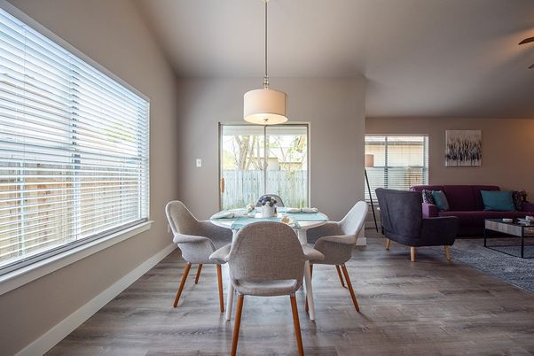 Dining room, Interior, Living room, Pendant Lights, Wood Texture Flooring