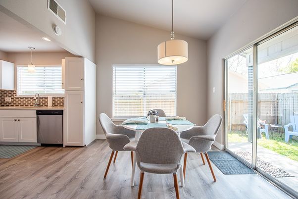 Dining room, Interior, Kitchen, Pendant Lights, Wood Texture Flooring