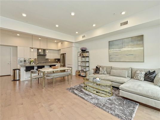 Dining room, Interior, Kitchen, Living room, Pendant Lights, Recessed Lighting, Stainless Steel Appliances, Wood Texture Flooring