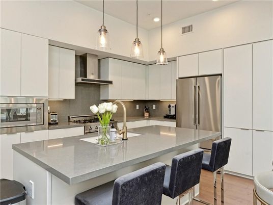 Interior, Kitchen, Pendant Lights, Recessed Lighting, Stainless Steel Appliances, Wood Texture Flooring