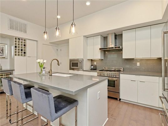 Interior, Kitchen, Pendant Lights, Recessed Lighting, Stainless Steel Appliances, Wood Texture Flooring