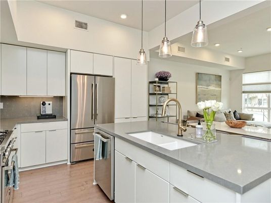 Interior, Kitchen, Pendant Lights, Recessed Lighting, Stainless Steel Appliances, Wood Texture Flooring