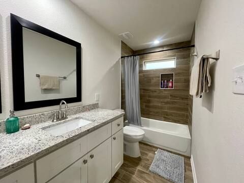 Bathroom, Interior, Recessed Lighting, Wood Texture Flooring, Wooden Walls