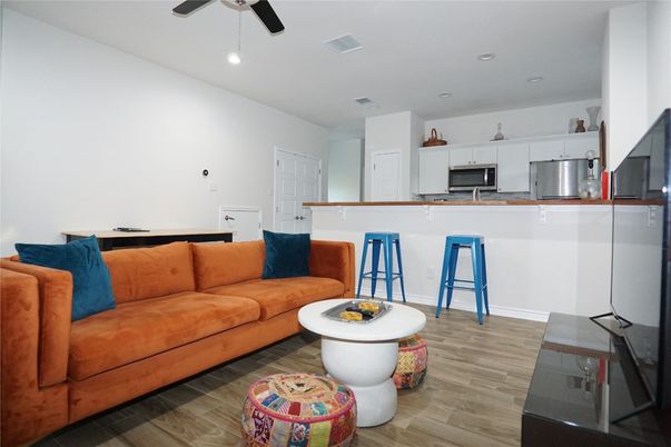Interior, Kitchen, Living room, Recessed Lighting, Stainless Steel Appliances, Wood Texture Flooring