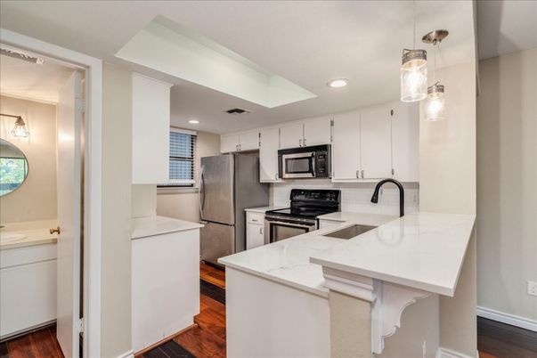 Interior, Kitchen, Pendant Lights, Recessed Lighting, Stainless Steel Appliances, Wood Texture Flooring