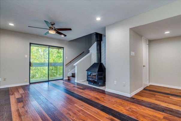 Empty room, Fireplace, Interior, Recessed Lighting, Wood Texture Flooring