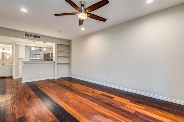 Empty room, Interior, Kitchen, Pendant Lights, Recessed Lighting, Wood Texture Flooring