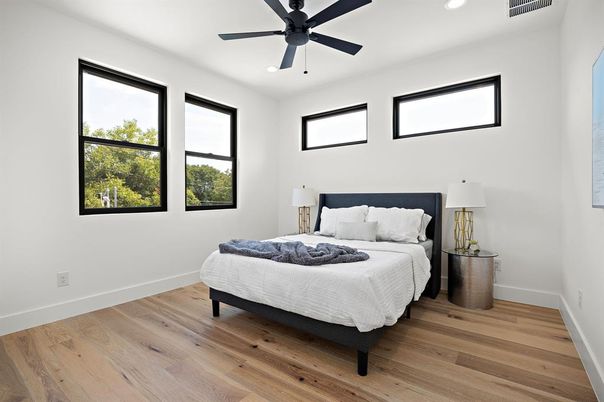 Bedroom, Interior, Recessed Lighting, Wood Texture Flooring