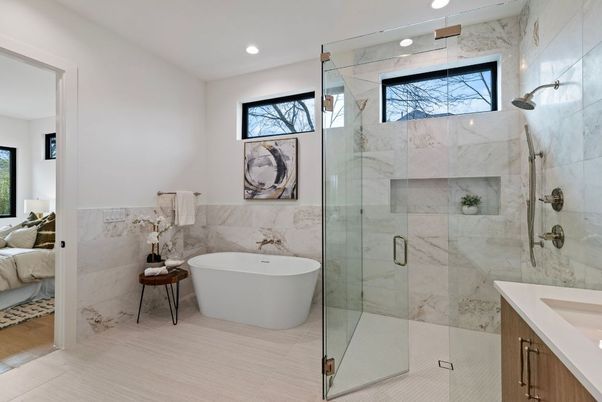 Bathroom, Bedroom, Free Standing Baths, Glass Shower, Interior, Marble Walls, Recessed Lighting