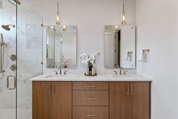 Bathroom, Dual Sink Vanities, Glass Shower, Interior, Pendant Lights