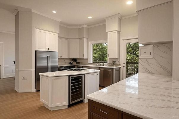 Interior, Kitchen, Marble Walls, Recessed Lighting, Stainless Steel Appliances, Wood Texture Flooring