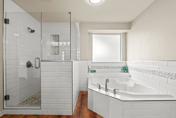 Bathroom, Glass Shower, Interior, Wood Texture Flooring