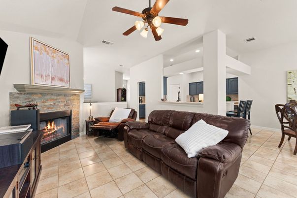 Dining room, Fireplace, Interior, Kitchen, Living room, Recessed Lighting