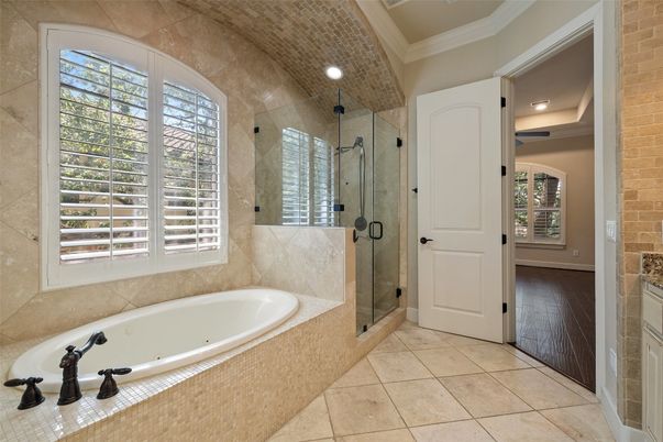 Bathroom, Glass Shower, Interior, Recessed Lighting, Stone Walls, Wood Texture Flooring