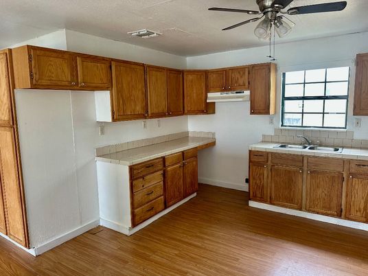 Interior, Kitchen, Tile Countertops, Wood Texture Flooring