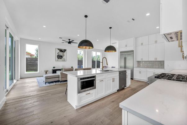 Interior, Kitchen, Living room, Pendant Lights, Recessed Lighting, Stainless Steel Appliances, Wood Texture Flooring