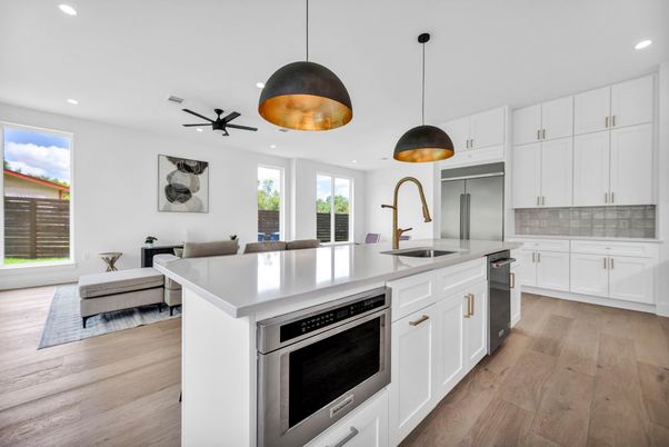 Interior, Kitchen, Pendant Lights, Recessed Lighting, Stainless Steel Appliances, Wood Texture Flooring